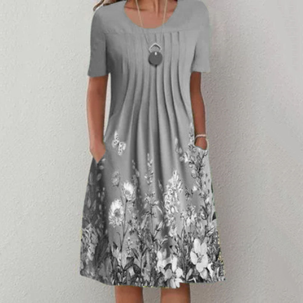 đă40-120KGăVestido de moda de verano con cuello redondo y estampado, transpirable, cĂłmodo y que estiliza la figura.
