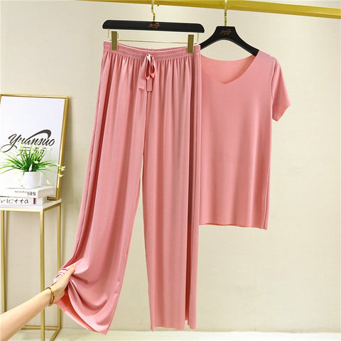 ❤️【M-4XL】Top de manga corta de seda suave + pantalones de pierna ancha❤️ Conjunto de dos piezas