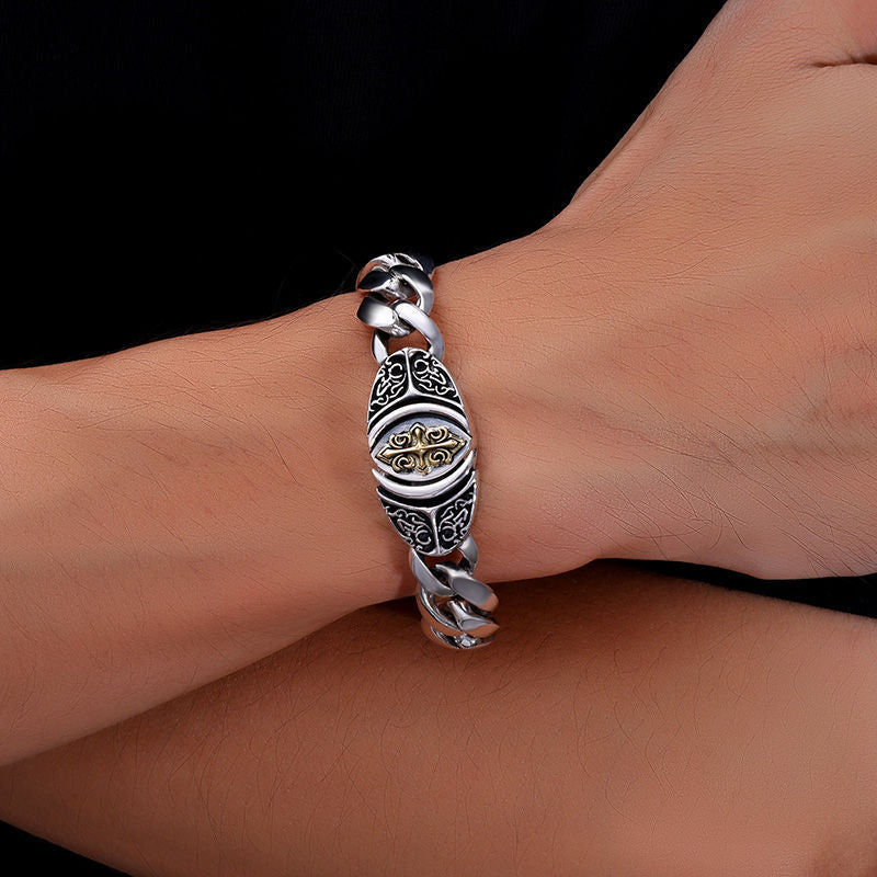 ✨【Hecho de plata de ley】🔥Pulsera vintage con patrón de la suerte para hombre, estilo punk urbano, hecha a mano, apariencia única