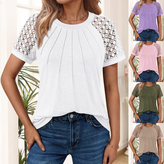 👚【Új termék különleges ajánlat】【S-2XL】2026 Új Női Rövid Ujjú Kerek Nyakú Csipkés Póló