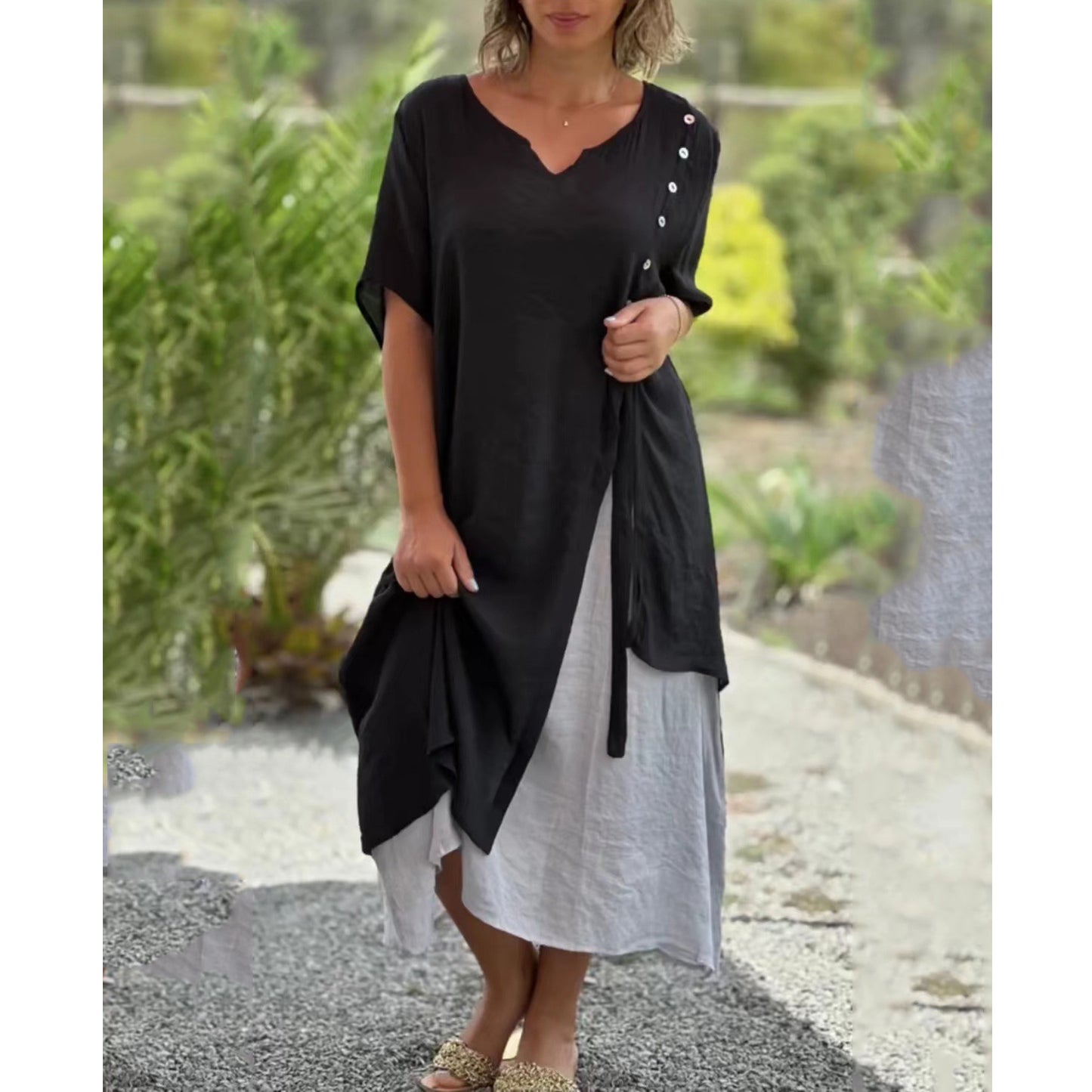 【S-4XL】🌸👗Nuevo vestido asimétrico de dos piezas con escote en V