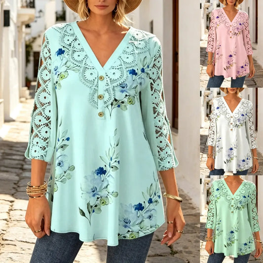 🔥 Último día con 50% de descuento【M–5XL】Elegante camisa de mujer estampada con cuello en V y diseño calado transpirable.