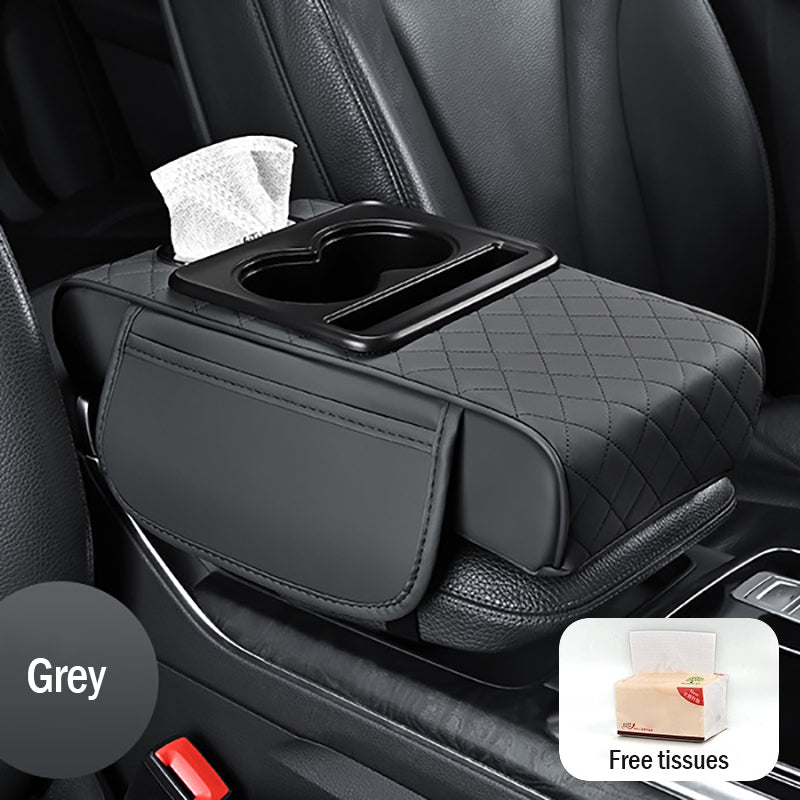 🚗Almohadilla universal 4 en 1 para reposabrazos de coche de cuero ✅ Caja de pañuelos incorporada ✅ Portavasos