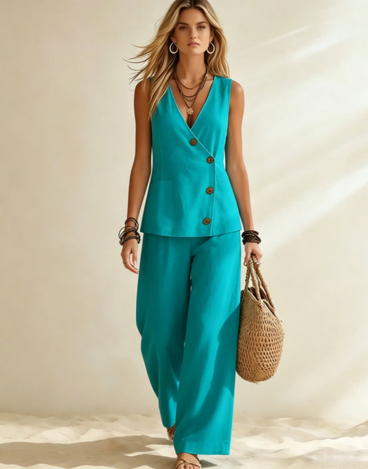 👗【Chaleco abotonado + pantalón】Conjunto elegante e informal de dos piezas en color liso-Pago contra entrega