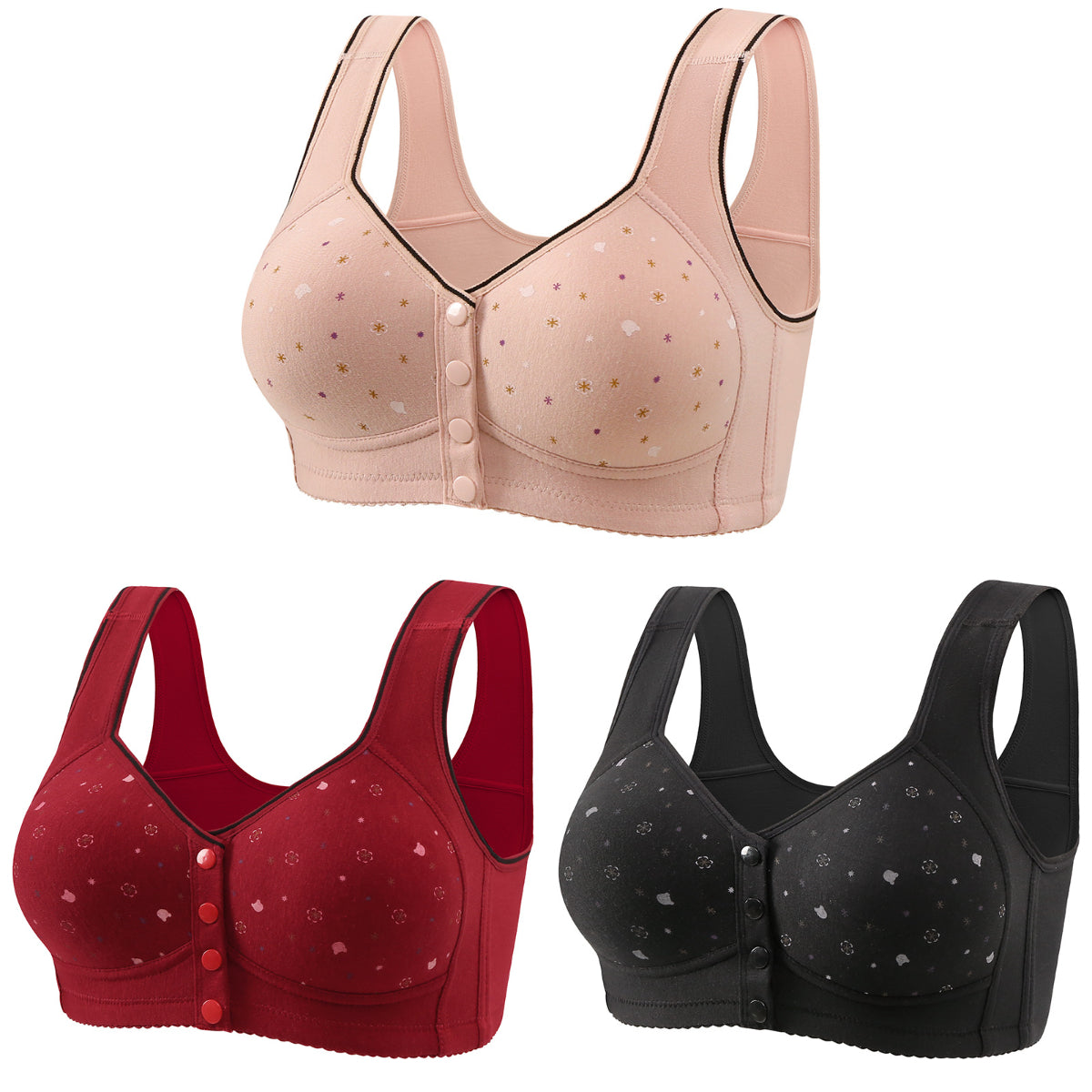 đăPack de 3ăSujetador para mujer sin aros y con cierre frontal ă40-120 kgăâ¤ď¸CĂłmodo, antibacteriano y de algodĂłn natural