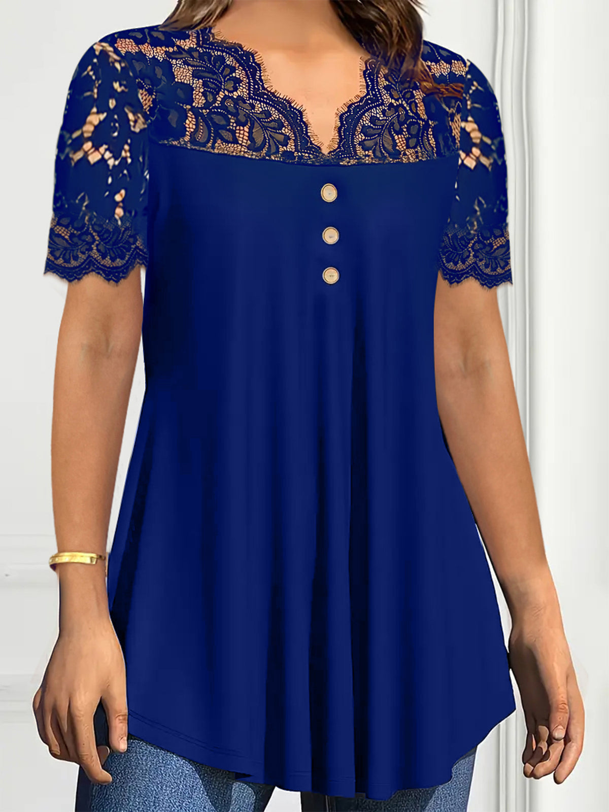 🔥【S-2XL】💖🎁Nueva blusa de encaje con cuello en V y mangas cortas para primavera/verano 2026