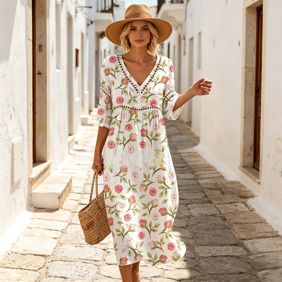 đăS-3XLăVestido largo de algodĂłn y lino con estampado floral, estilo veraniego, escote en V