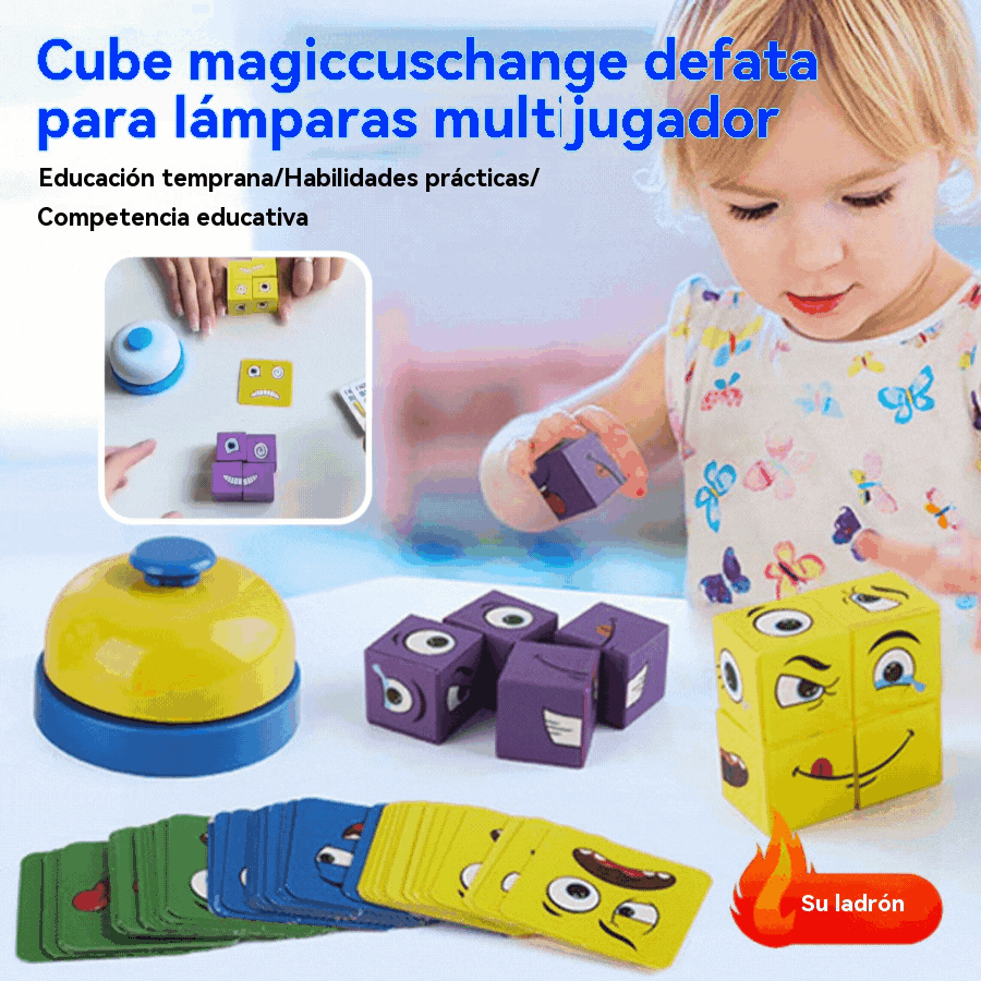 【16 bloques de construcción + 64 cartas + 1 campana】😄 Cubo de Caras Divertidas – Juego de Lógica y Retos para Niños