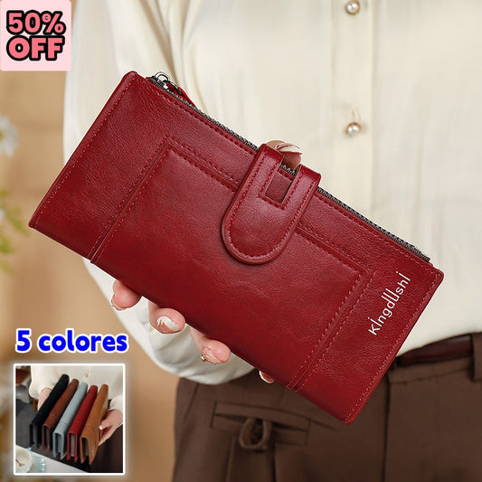 💰Cartera vintage de piel auténtica con doble cremallera y ranura para múltiples tarjetas para mujer