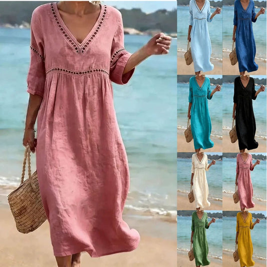 👗【S-3XL】Vestido de verano de algodón y lino a la moda con escote en V, transpirable, cómodo y que no se atasca.