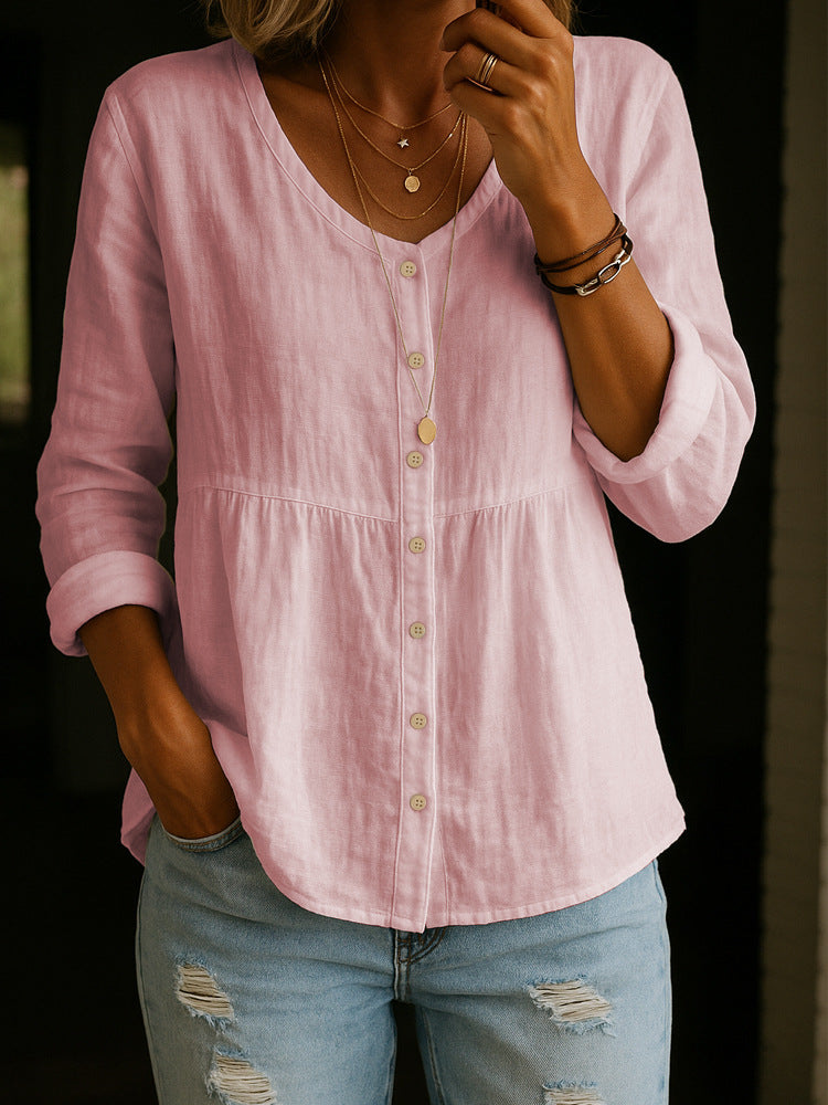 【S-3XL】Camisa de mujer de mezcla de lino y algodón con cuello en V