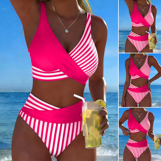Dvoudílné, barevné bikiny s bloky a pruhy