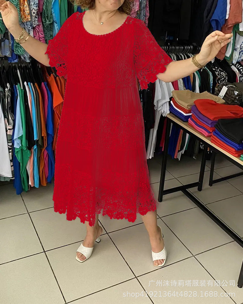 【S–5XL】Nové krajkové šaty s kulatým výstřihem a krátkými rukávy, model 2026 【40–120 kg】