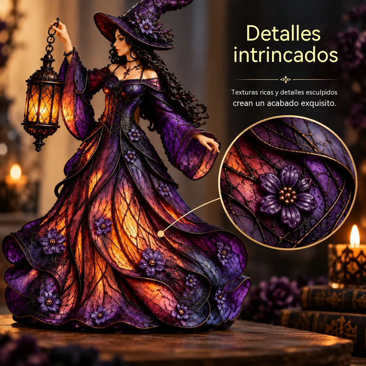 🧙♀️ Figura de bruja gótica de Halloween con farol LED 🧙♀️