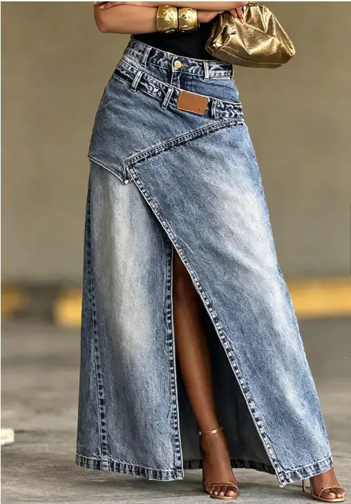š„ćS-3XLćFalda larga vaquera para mujer con cintura de capas, corte holgado y diseƱo elegante.