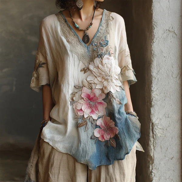 đ Blusa elegante con cuello en V profundo y estampado floral ăOferta limitada: compra uno y llĂ©vate otro gratisă Tallas S-4XL