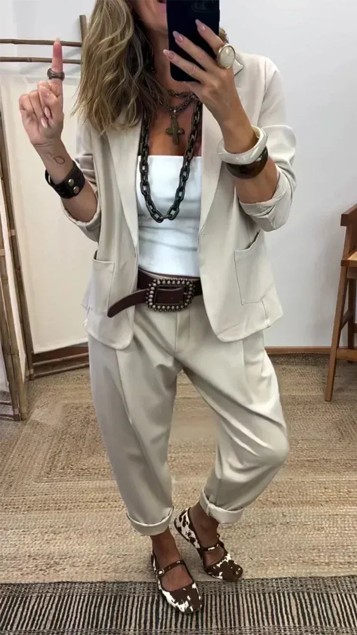 💎 Descuento de tiempo limitado 50% 💎 Conjunto de chaqueta y pantalón con solapa para mujer – Ajuste entallado, tela suave 👖✨【40-100kg】