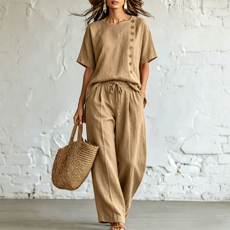 🎨 【Camiseta + Pantalones de pierna ancha】Un conjunto de dos piezas elegante e informal, hecho de algodón y lino, cómodo y transpirable, disponible en varios colores.