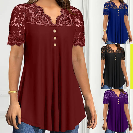 🔥【S-2XL】💖🎁Nueva blusa de encaje con cuello en V y mangas cortas para primavera/verano 2026