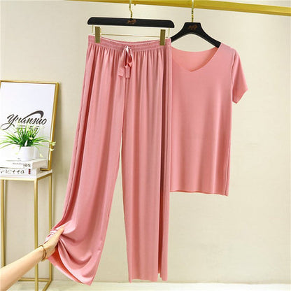 ❤️【M-4XL】Top de manga corta de seda suave + pantalones de pierna ancha❤️ Conjunto de dos piezas