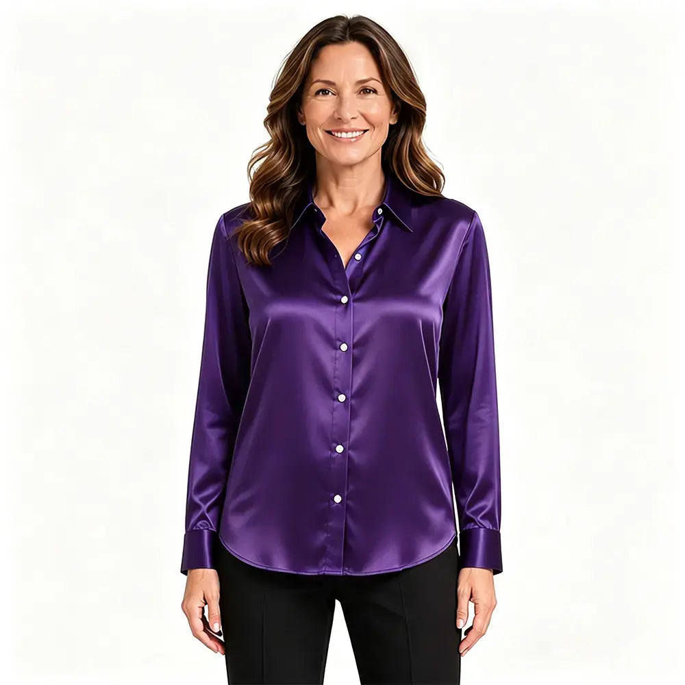 👚Blusa de satén de manga larga para mujer - Camisa de trabajo de talla grande de corte holgado - Ligera y elegante