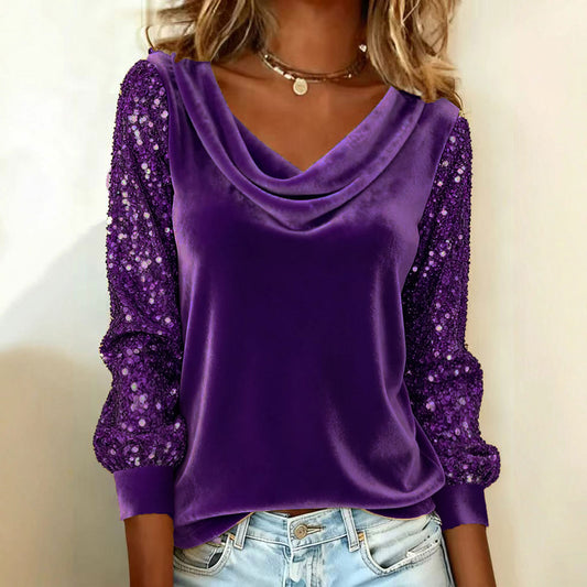 🔥Camisa de terciopelo de moda para mujer, con cuello vuelto, costuras cosidas y mangas largas🔥