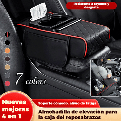 🚗Almohadilla universal 4 en 1 para reposabrazos de coche de cuero ✅ Caja de pañuelos incorporada ✅ Portavasos