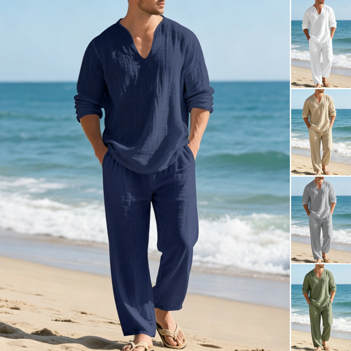 🌴🔥【Top + Pantalones】Traje casual de lino para hombre con corte holgado y cuello en V para la playa. ✅️Pago contra entrega