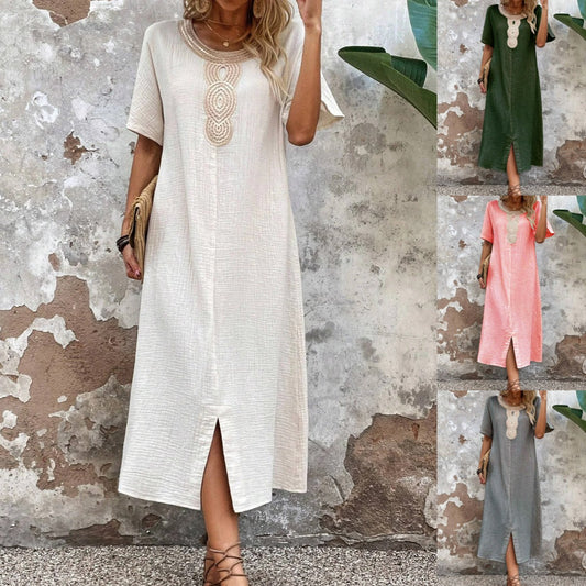 🧚‍♀️👗【Sleva 50 % 🔥】【S-3XL】💖Vestido de verano holgado para mujer con escote redondo, confeccionado en algodón puro y lino, con abertura.