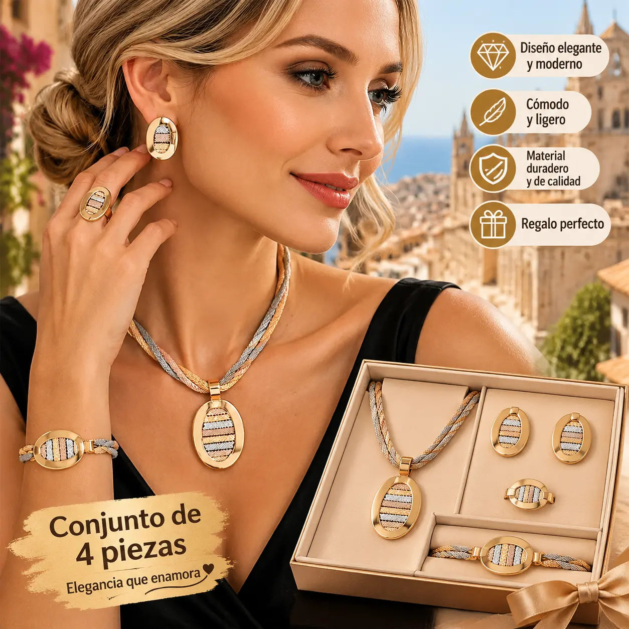 📢📢 ¡50% de descuento! ⏰ Exquisito conjunto de joyas de cuatro piezas con pedrería - Envío gratis - Pago contra entrega