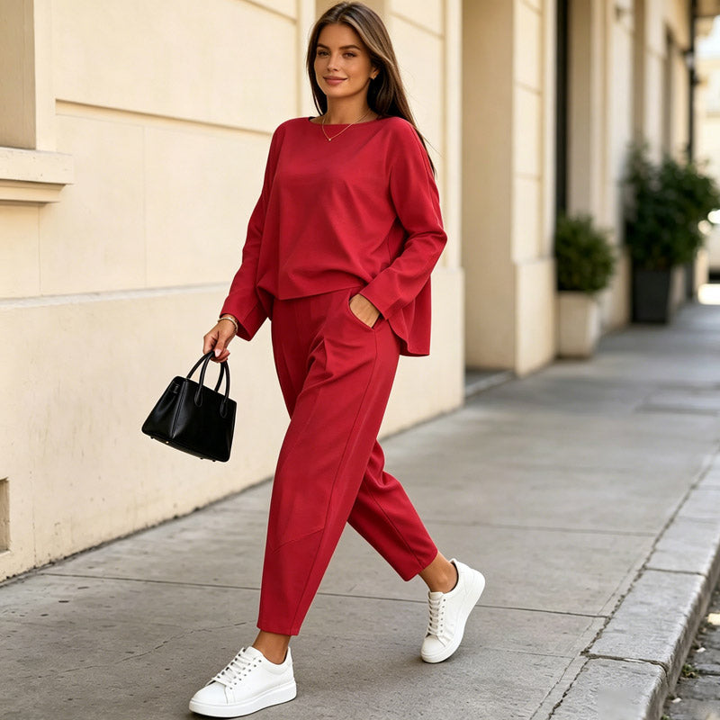 Conjunto de manga larga: Top de cuello redondo + pantalón