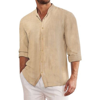 👔【M-3XL】Camisa informal de algodón y lino de color liso para hombre-Pago contra entrega