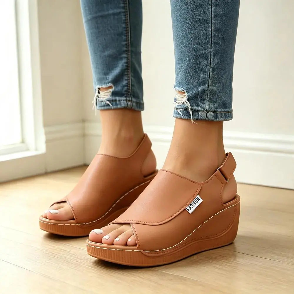 [Tallas 36–43] Sandalias de cuña de piel auténtica para mujer – suela suave – soporte para el arco