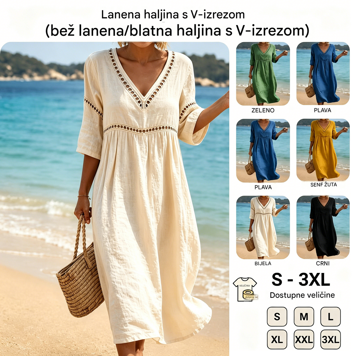 👗【S-3XL】Vestido de verano de algodón y lino a la moda con escote en V, transpirable, cómodo y que no se atasca.