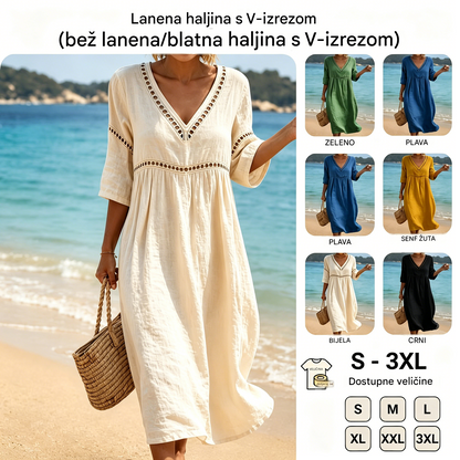 👗【S-3XL】Vestido de verano de algodón y lino a la moda con escote en V, transpirable, cómodo y que no se atasca.