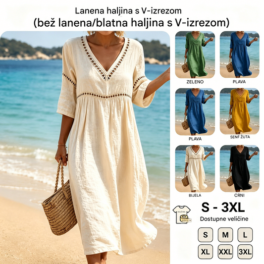 👗【S-3XL】Vestido de verano de algodón y lino a la moda con escote en V, transpirable, cómodo y que no se atasca.