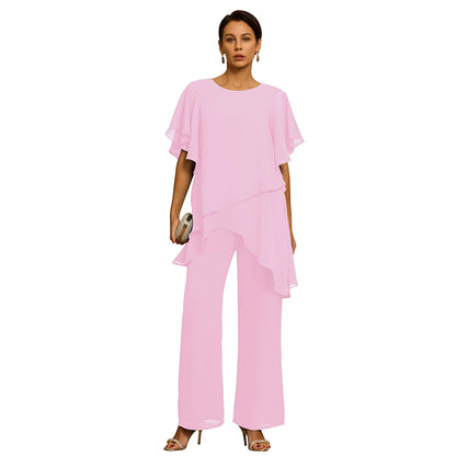 Elegante conjunto de chifón: Top asimétrico con volantes y pantalones de pierna ancha – Atuendo sofisticado para eventos, Tallas S-3XL