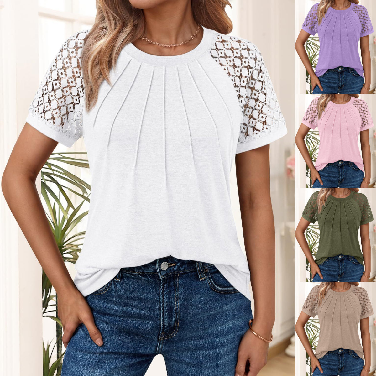 👚【Új termék különleges ajánlat】【S-2XL】2026 Új Női Rövid Ujjú Kerek Nyakú Csipkés Póló