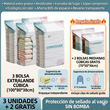 🧳 Pack de 5【Compra 3 y Llévate 2 GRATIS】Bolsas de Almacenaje al Vacío para Ropa, Sin Bomba, Bolsas Cúbicas Grandes para Ahorrar Espacio en Organizar Armarios, Viajes y Mudanzas
