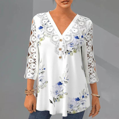 🔥 Último día con 50% de descuento【M–5XL】Elegante camisa de mujer estampada con cuello en V y diseño calado transpirable.