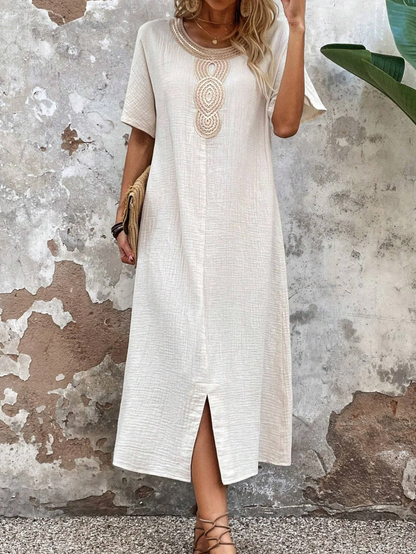 🧚‍♀️👗【Sleva 50 % 🔥】【S-3XL】💖Vestido de verano holgado para mujer con escote redondo, confeccionado en algodón puro y lino, con abertura.
