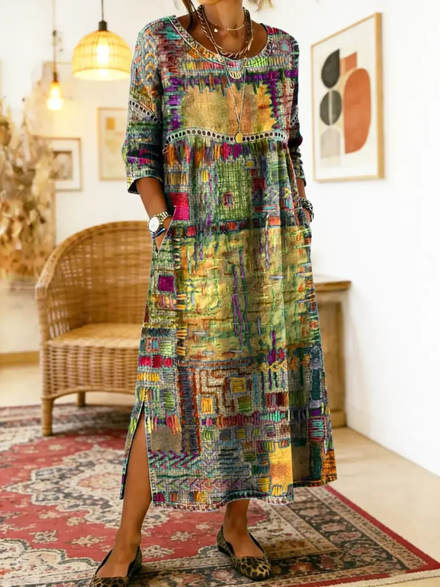 Manuela | Vestido Maxi Bohemio con Estampado de Patchwork Étnico