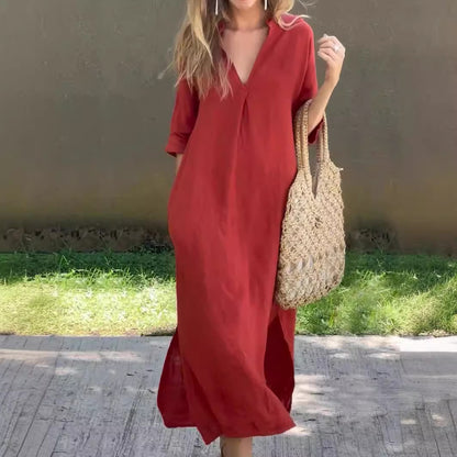 🌿💃 50% de descuento 🔥【40-100 kg】Vestido largo de lino para verano, escote en V, abertura lateral, cómodo ✅️Pago contra entrega