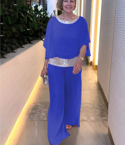 🥰[S-3XL]2026 Traje de pantalón ancho con lentejuelas y cuello redondo