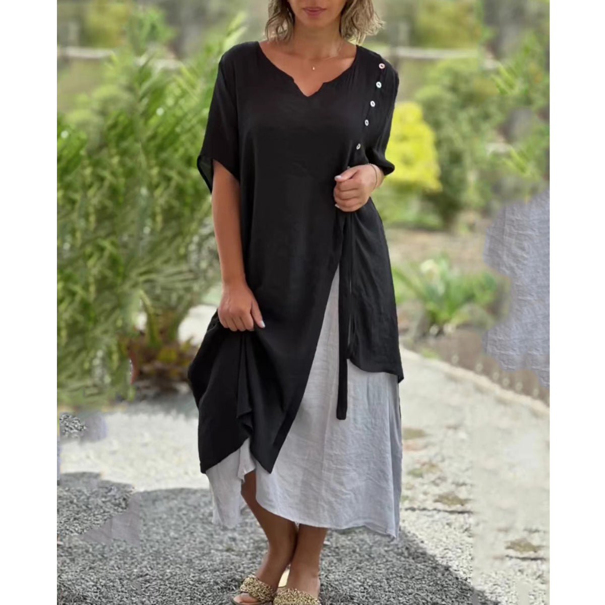 【S-4XL】🌸👗Nuevo vestido asimétrico de dos piezas con escote en V