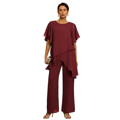 Elegante conjunto de chifón: Top asimétrico con volantes y pantalones de pierna ancha – Atuendo sofisticado para eventos, Tallas S-3XL
