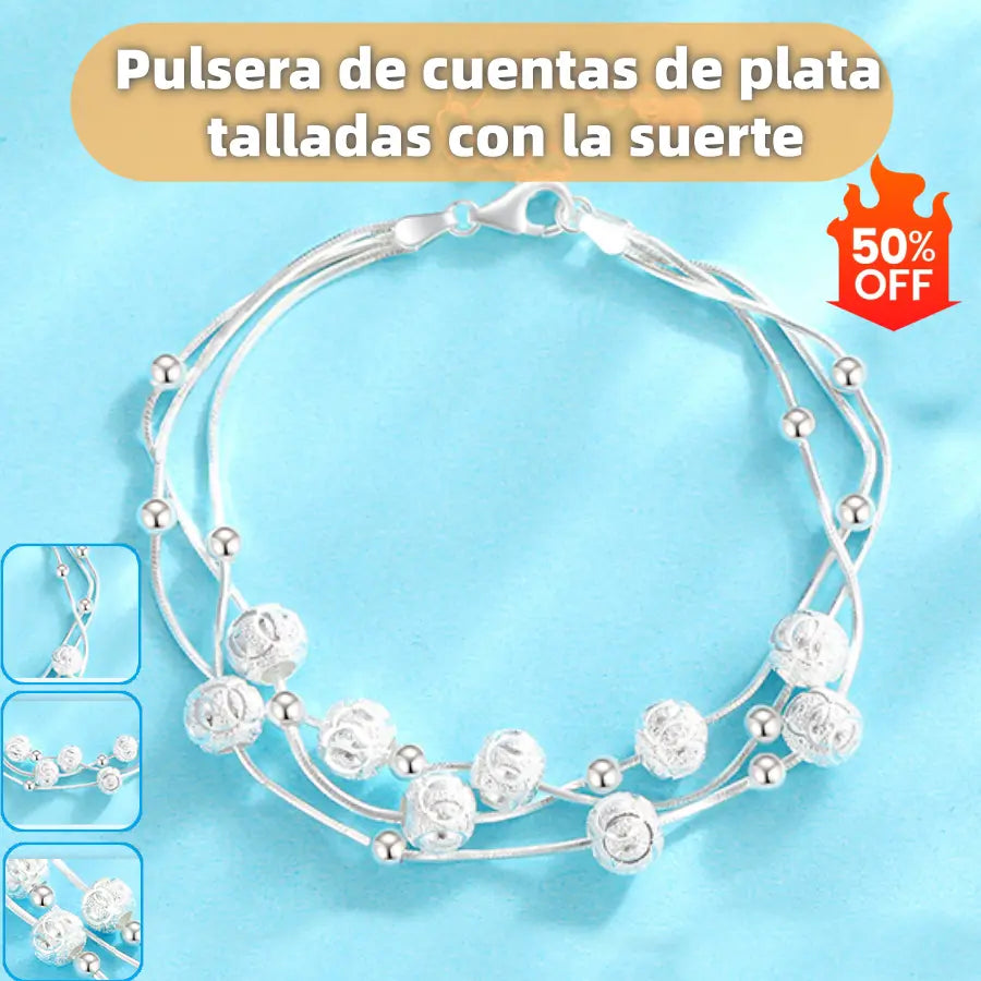 ✨✨Pulsera de cuentas de la suerte de plata 999 con diseño grabado