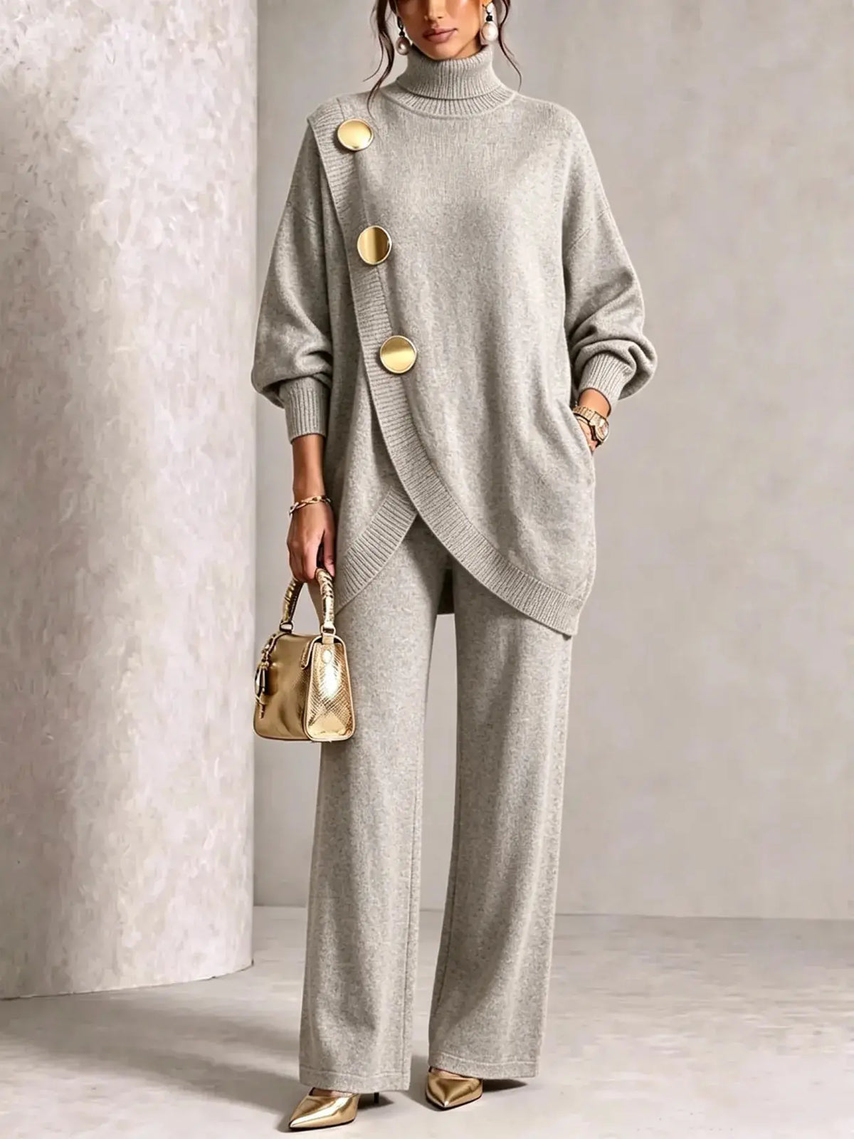 ✨🔥 A mitad de precio + Envío gratis 🚚💕 Elegante conjunto para mujer: top de cuello alto y pantalón de pierna ancha — Cómodo y con estilo 👗