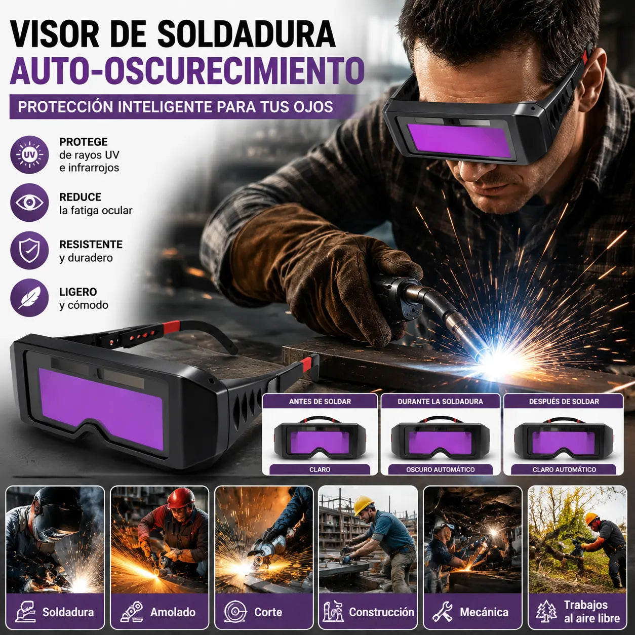 Gafas de protección ocular para soldadura antiarco, gafas de soldadura con cambio de color según la luz.