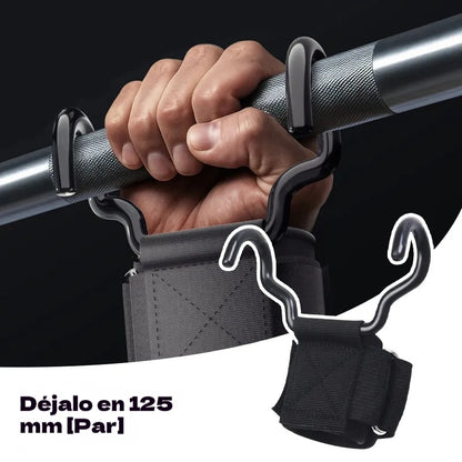 🔥Juego de 2 Ganchos de Fitness para Levantamiento de Pesas | Muñequeras Antideslizantes 125mm | Carga 250kg para Peso Muerto y Dominadas